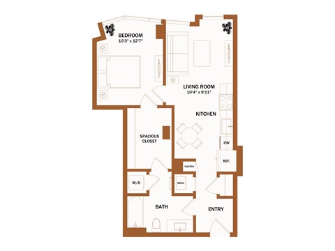 A floor plan of a house with a bedroom, living room, kitchen, bathroom, and entry.